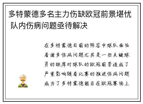 多特蒙德多名主力伤缺欧冠前景堪忧 队内伤病问题亟待解决