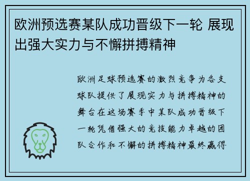 欧洲预选赛某队成功晋级下一轮 展现出强大实力与不懈拼搏精神