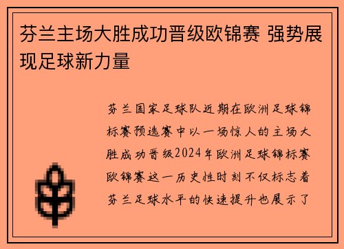 芬兰主场大胜成功晋级欧锦赛 强势展现足球新力量