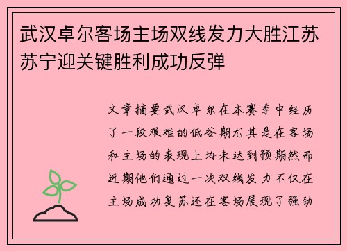 武汉卓尔客场主场双线发力大胜江苏苏宁迎关键胜利成功反弹