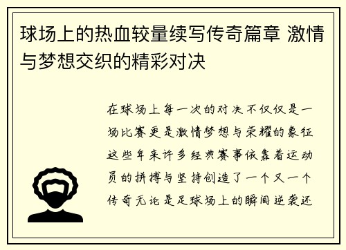 球场上的热血较量续写传奇篇章 激情与梦想交织的精彩对决