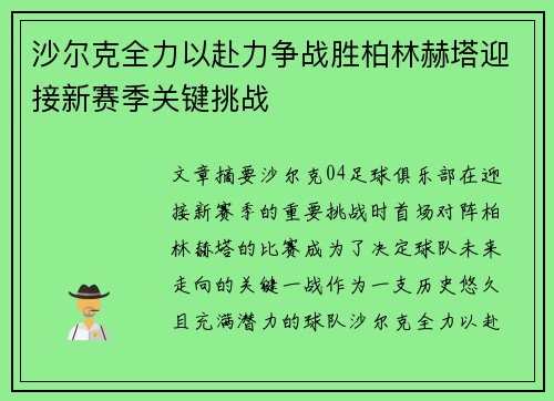 沙尔克全力以赴力争战胜柏林赫塔迎接新赛季关键挑战