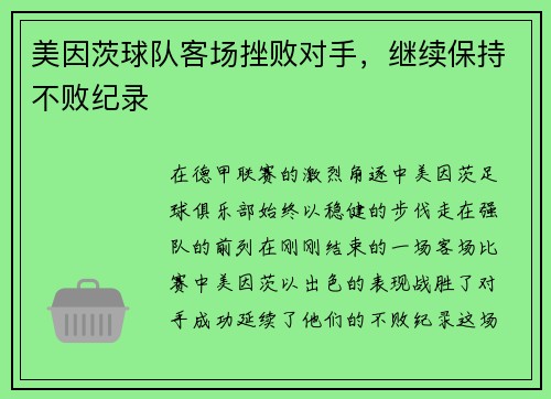 美因茨球队客场挫败对手，继续保持不败纪录