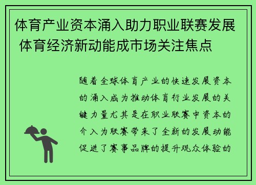 体育产业资本涌入助力职业联赛发展 体育经济新动能成市场关注焦点
